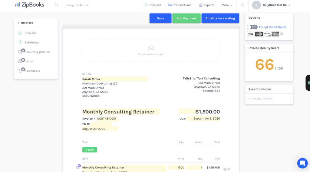 ZipBooks invoice screen showing a completed test invoice