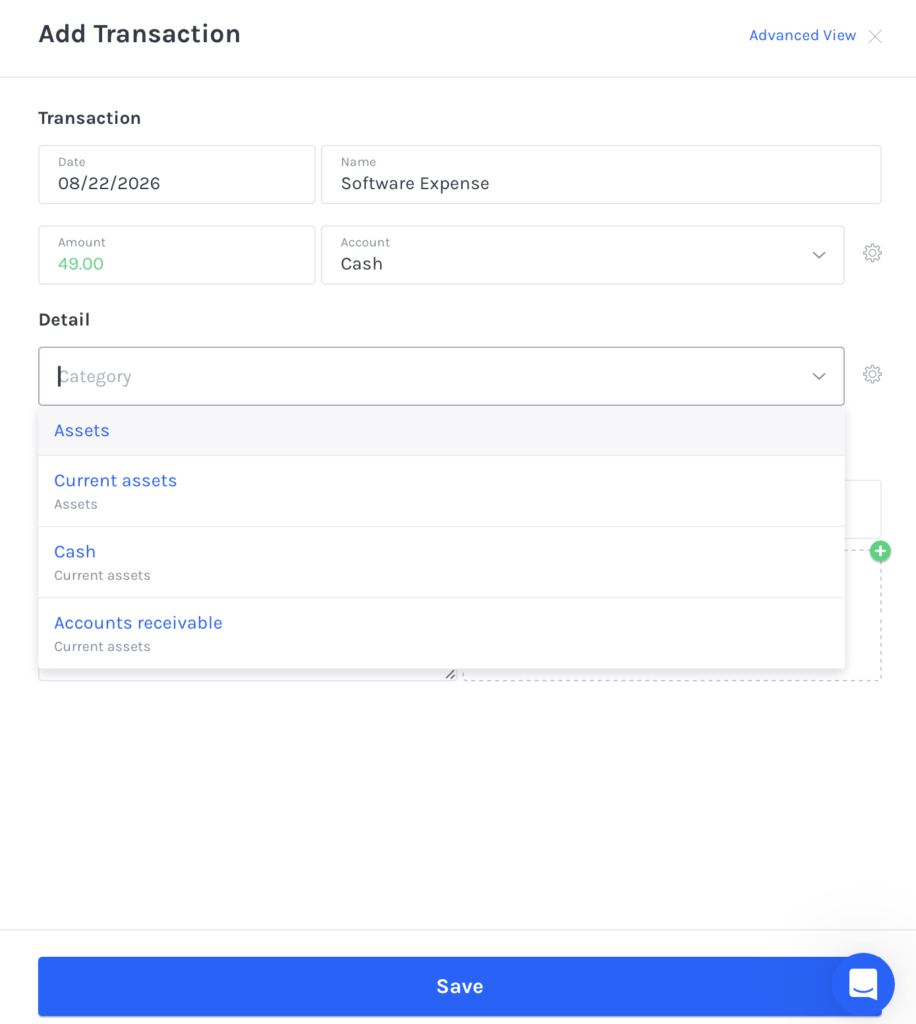 ZipBooks expense entry screen showing a categorized business expense