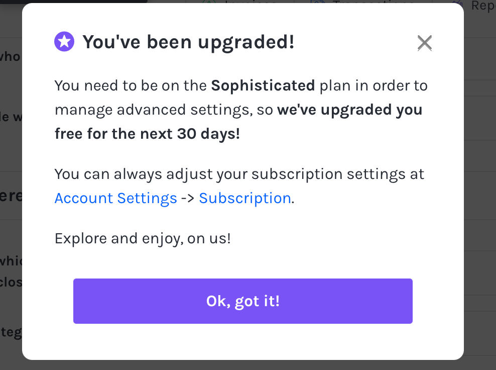 ZipBooks automatic 30-day Sophisticated plan trial upgrade