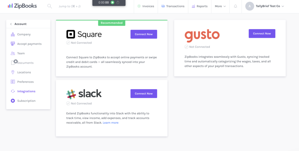 ZipBooks integrations page showing square, gusto, slack