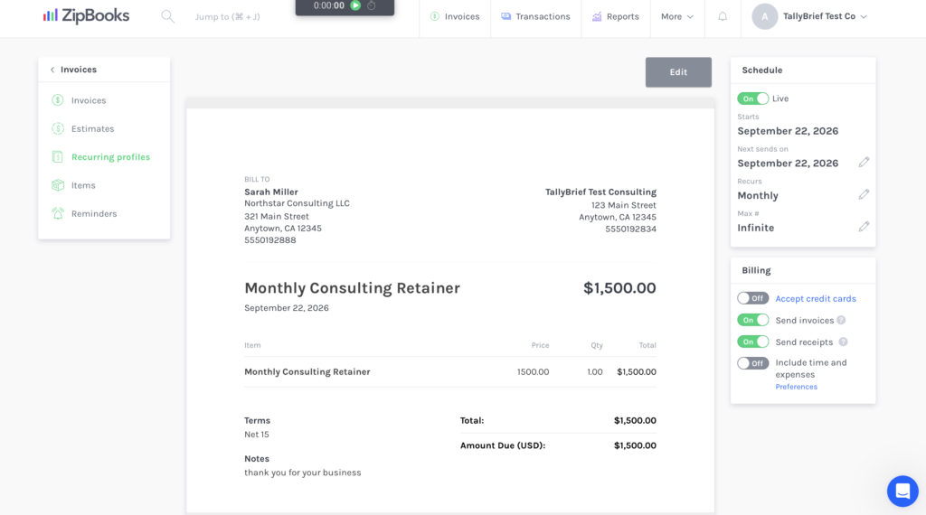 ZipBooks recurring invoice settings showing monthly billing schedule