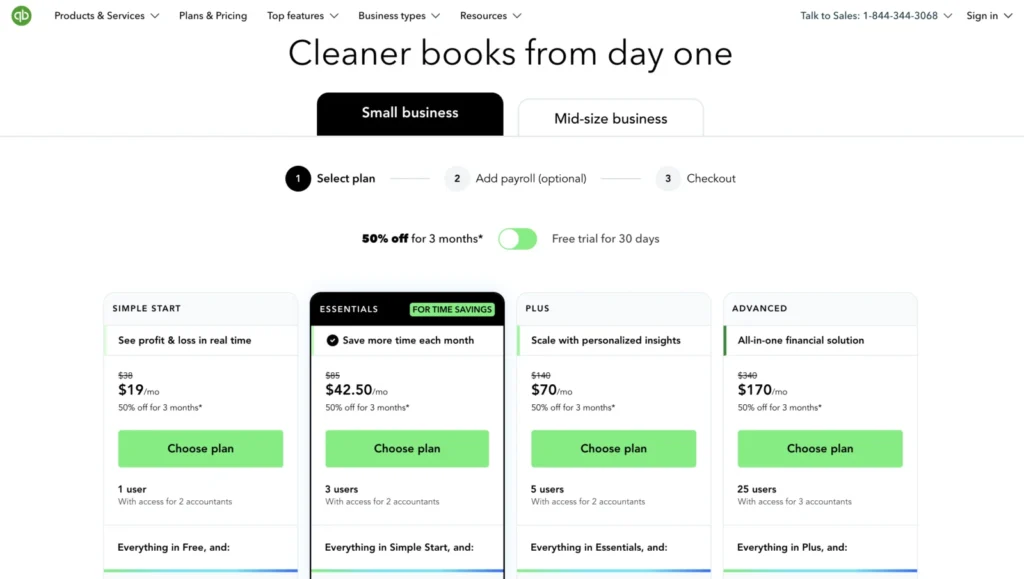 QuickBooks Online pricing page showing Simple Start, Essentials, Plus, and Advanced plans with 50% off for 3 months